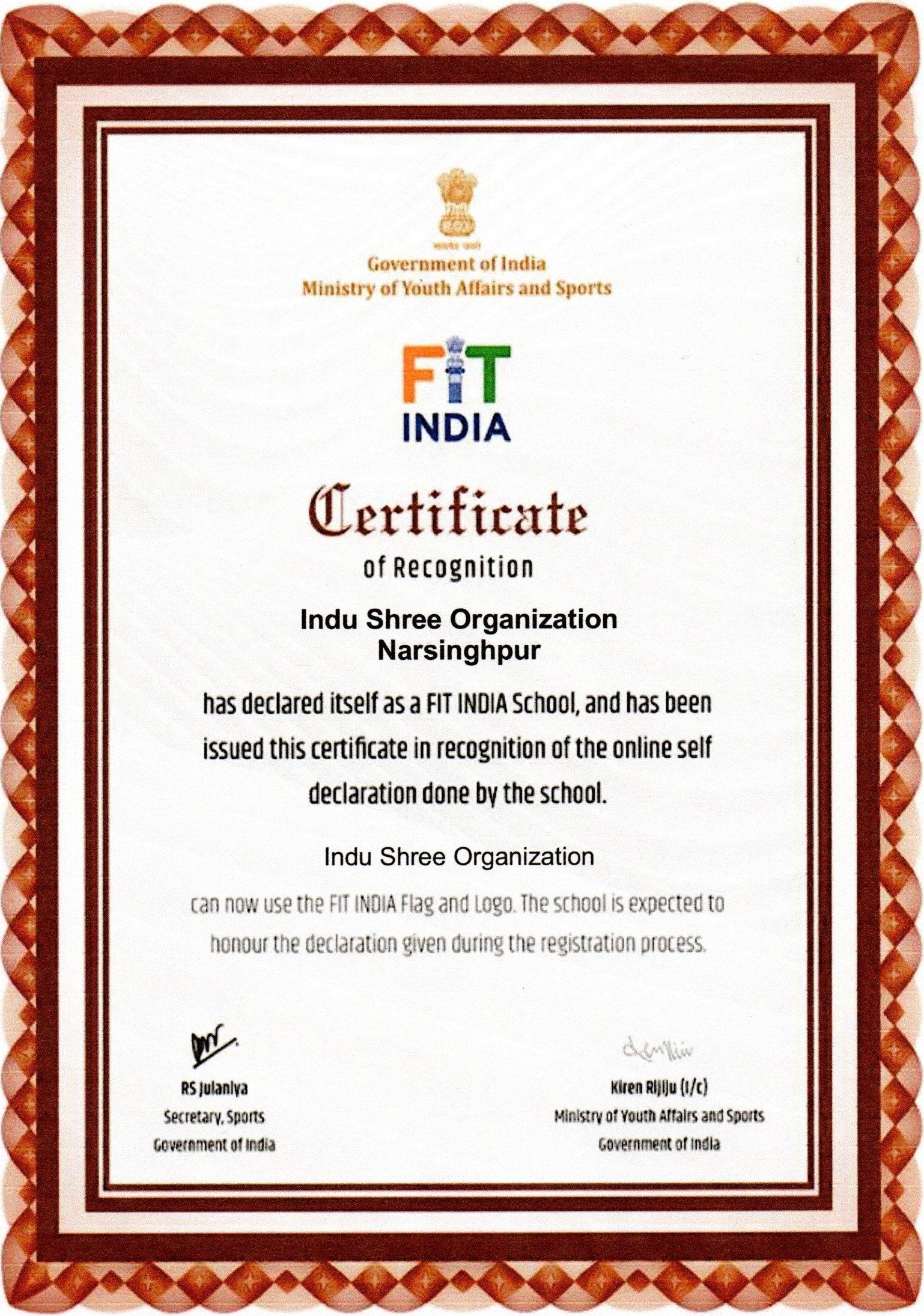 Fit India Certificate  Government of India