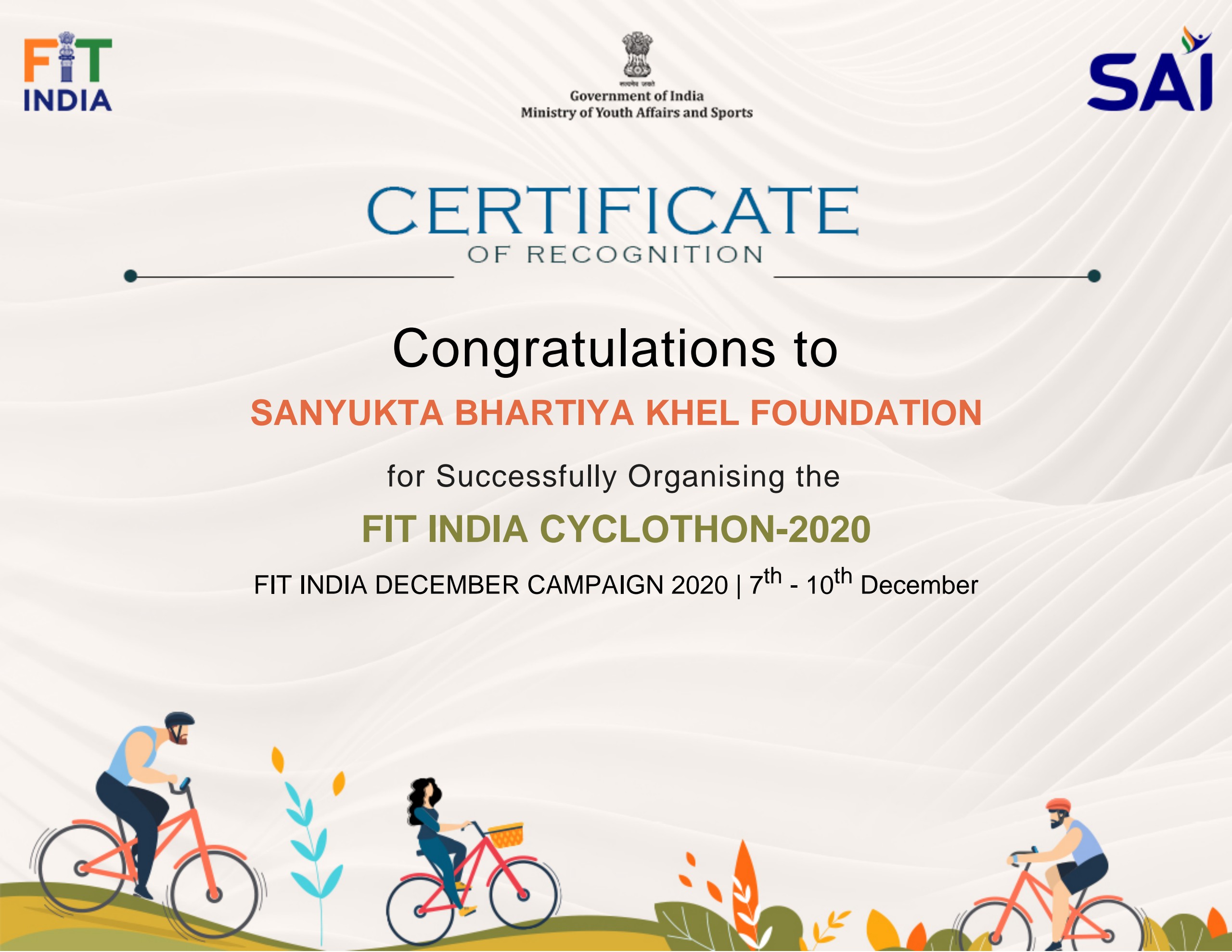 Fit India Cyclothon-2020, Certificate  Government Of India 